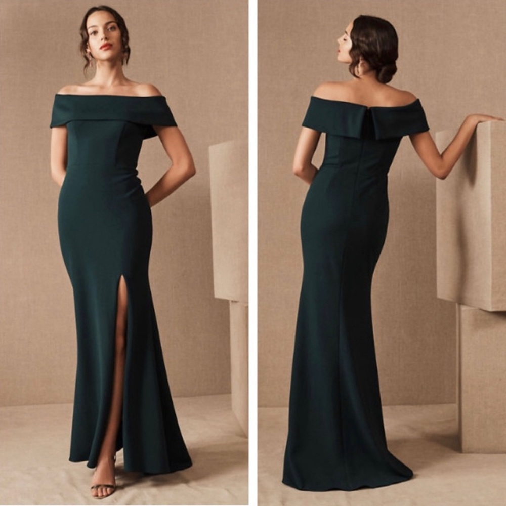 BHLDN Off the Shoulder Emerald Green Bridesmaids Dress